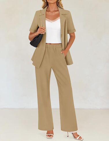 ZESICA Women's 2025 Casual 2 Piece Outfits Short Sleeve Blazer Jacket and Wide Leg Pants Loose Business Suit Sets in Saudi Arabia
