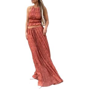 LETSVDO Skirt Sets Women 2 Piece Outfits Backless Halter Top And Pleated Ruffle Flowy Maxi Skirts Y2k Beach Vacation Set