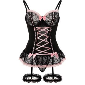 Corset Lingerie For Women Corset Lingerie Bodysuit With Garter For Women Sexy Rave Outfits Pink Bow Lace Up Naughty Wedding