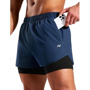 MIER Mens 2-in-1 Running Shorts 5 Inch Quick Dry Gym Workout Athletic Training Shorts with Compression Liner,3 Zipper Pockets