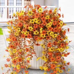 Artificial Hanging Flowers Plants for Outdoor Spring Decoration, 2 PCS Fake Silk Daisy Flower Planter UV Resistant Look Real for Outside Patio Porch Home Summer Decor (Double Purple)