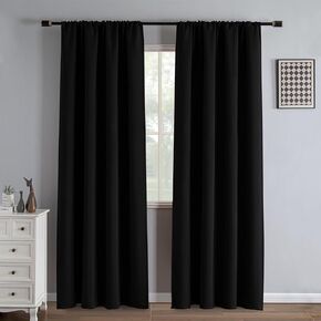 Black Blackout Curtains 84 Inch Length 2 Panels Set, Black Out Curtains for Bedroom 84 Inch Long, Rod Pocket Energy Saving Room Darkening Drapes for Living Room Window(W52 x L84)