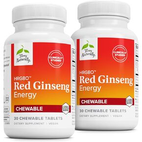 Terry Naturally HRG80 Red Ginseng Energy - دعم الطاقة الصحية والتركيز - المكملات العشبية مع مسحوق جذر الجينسنغ الكوري - أقراص للمساعدة في التحمل الصحي - 30 أقراص قابلة للمضغ (حزمة 2)