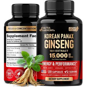 Panax Ginseng 15,000 mg - Red Korean Ginseng Supplement for Men - Extra Strength 10:1 Extract - Energy, Focus, Productivity & Performance - Natural & Vegan - Made in USA - 120 Capsules, 2 Month Supply