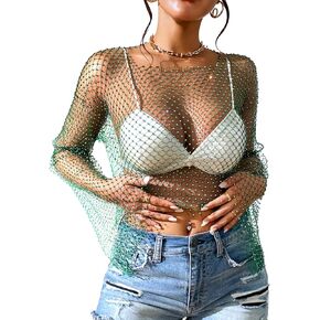 RAMOUG Women's Rhinestone Mesh Crop Top Fishnet Shirt Bikini Cover Up
