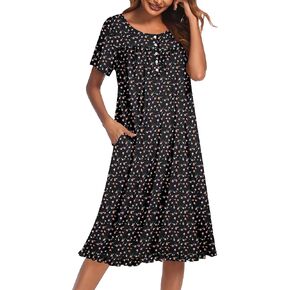 Ekouaer Nightgowns for Women with Pockets Button Front Short Sleeve House Dresses Floral Print Mumu Dress