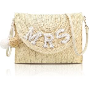 Pinkunn Bride Gift Straw Shoulder Bag Clutch Rhinestone Letter Purse Beach Bachelorette Honeymoon Wedding Bridal Shower