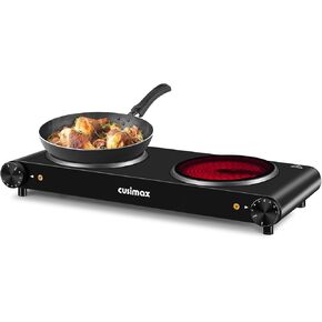 CUSIMAX Double Hot Plates Electric Burner, 1800W Countertop Cooktop with Adjustable Temperature Control, Hot Plates for Cooking Portable Electric Stove, Black Stainless Steel Cooktop, Upgraded Version