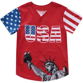 Boys 4th of July American Flag Button Down Shirts USA Baseball Jersey Personalized Patriotic Tops for 2-14 Years Kids