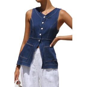 Denim Vest for Women Button Up Dressy Sleeveless Blazer Long Jean Vest Tank Top with Pockets