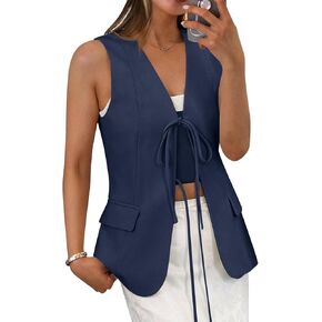 Cicy Bell Womens Tie Front Blazer Vest Tops Summer Sleeveless V Neck Suit Vest 2025 Casual Business Waistcoat