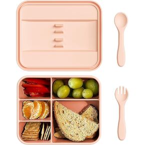 Leak-Proof Bento Lunch Box for Kids, Silicone Kids Lunch Container with 5 Leakproof Compartments, Food-Safe Materials, Sturdy, Dishwasher Safe,BPA Free(Magic Pink)