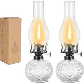 2 Pcs Rustic Large Oil Lamp Vintage Glass Kerosene Lamp Antique Oil Lamps for Indoor Use Emergency Lighting Decor Hurricane Lamp with Black Metal Regulator Chamber Oil Lantern