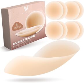 Nipple Cover - Pack of 8 - Self-Adhesive Pasties for Women - Reusable & Washable - Covers Made of Silicone, Light Skin Color