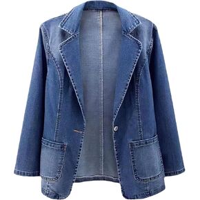 ebossy Women's Classic Notch Lapel Denim Blazer One Button Long Sleeve Slim Office Jean Jacket