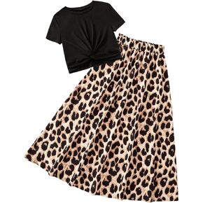 SOLY HUX Girl's Summer Leopard Skirt Outfits Short Sleeve T Shirt and Long Skirts 2 Piece Set