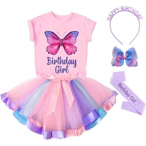 Butterfly Birthday Outfit for Girls - Birthday Girl Shirt Tutu Skirt Dress with Headband Hair Bow & Satin Sash