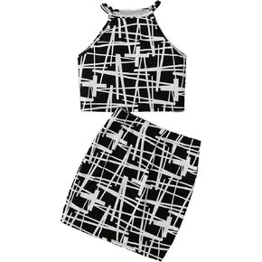 GORGLITTER Girl's 2 Piece Cute Summer Outfits Geo Sleeveless Halter Crop Top and Short Skirt Set