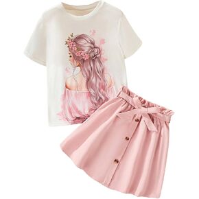 Floerns Girl's 2 Piece Outfit Figure Graphic T Shirt and Belted Button Skirt Set