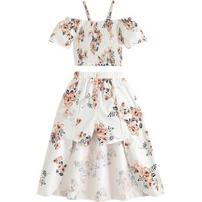 Girls Summer Clothes 2 Piece Outfits Kids Floral Print Off Shoulder Crop Top and Shorts Skirt Clothes Set