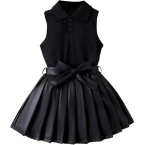 GORGLITTER Girl's Clothing Sets Sleeveless Knit Tank Top and Bow Leather Pleated Mini Skirt Sets Summer 2 Piece Outfits