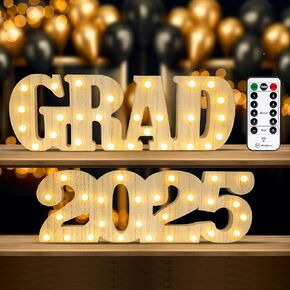 2025 Graduation Party Decorations, 2 Wooden Remote LED Sign with Light Up Letters 'Grad' and '2025', Marquee Numbers Wooden Letters,Class of 2025 Decor for Kindergarten Preschool High School College