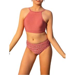 shenhe girl's tankini swimsuit 2 قطعة رقبة عالية الدلماسي بدلة السباحة بدلة السباحة