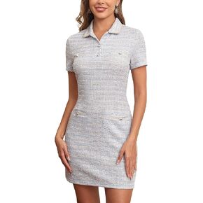M.Infisavo Womens Tweed Dress, Collared Short Sleeves Pencil Dresses with Pocket for Work Casual