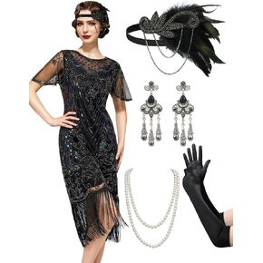 SWEETV Great Gatsby Lace Neck Flapper Dress - 1920s Dress for Women With Sleeve - Roaring 20s Costume
