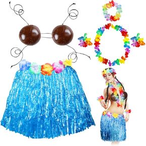 TIGEEN 6 PCS جوز الهند Bra Hawaiian Grass Hula Skirt Costume Set Dance Leis Outfit for Women Luau Party Supplies ، 15.7 Int