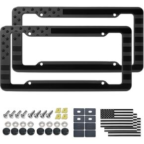 Aootf American Flag License Plate Frames- Black Plastic USA Flag Car Tag Holder with Screws Caps and Patriotic Decals，2 Pack Rustproof Frames for Front Rear