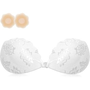 Backless Strapless Bra for Push Up, Lace Padded Adhesive Invisible Sticky for Women and Wedding Dress