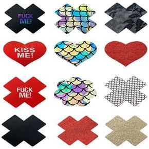 12 Pairs Disposable Fun Pasties Sexy Erotic Nipple Covers Anti-Bump Point Nipple Breast Pasties Shiny Sticky Nipple Stickers for Women Rave Party Bedroom SM Game Valentine's Day Honeymoon