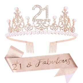التاج الحادي والعشرين لعيد الميلاد 20 وعيد ميلاد رائع SASH الحادي والعشرين Tiara للبنات 21 من أحجار الراين الحاشية لؤلؤة ديكور عيد ميلاد الورد الذهب 21 هدايا عيد ميلاد للحفل