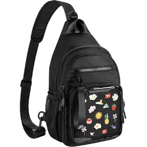 Ita Bag Crossbody Pin Display Sling Bag with Insert, Ita Chest Pack Backpack with Clear Pocket for Trading Pins, Comic Con, Travel, Black