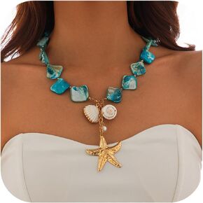 Starfish Shell Necklaces for Women Trendy Summer Boho Seashell Pendant Beach Necklace Gold Charm Choke Necklace Dainty Statement Necklace Fashion Surfer Jewelry Gift