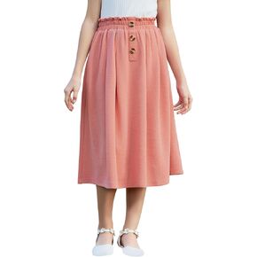 GORLYA Girls Boho Paper Bag Elastic Waist Long Swing Casual Vintage Button Front Maxi Skirt for 6-14Y