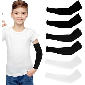 3Pairs Kids Arm Sleeves Thinly UV Sun Protection Cooling Arm Compression Sleeves, Outdoor Sport Breathable Elastic Ice Sleeve for Youth Boys Girls (7-12 Years) (Black&White)