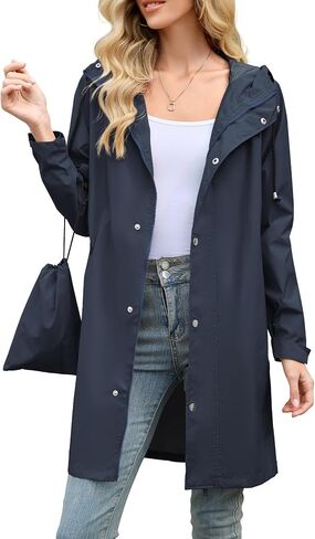 American Trends Packable Waterproof Rain Jacket Women with Hood Raincoat Windbreaker Long Hooded Trench Coats S-2XL Available in Saudi Arabia