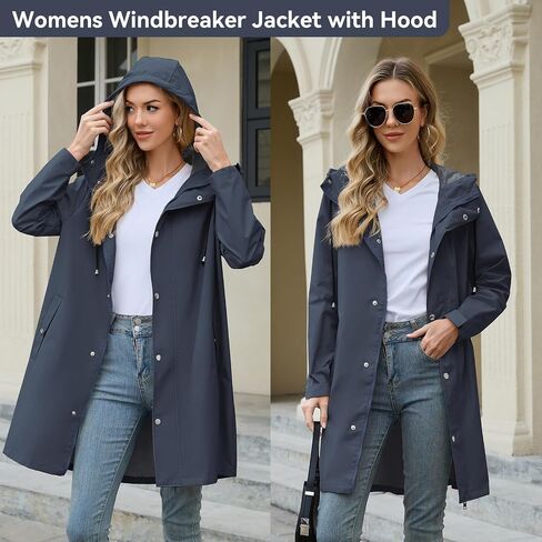 American Trends Packable Waterproof Rain Jacket Women with Hood Raincoat Windbreaker Long Hooded Trench Coats S-2XL Available in Saudi Arabia