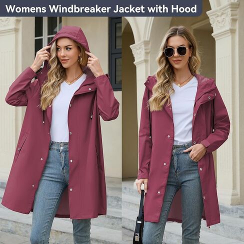 American Trends Packable Waterproof Rain Jacket Women with Hood Raincoat Windbreaker Long Hooded Trench Coats S-2XL Available in Saudi Arabia