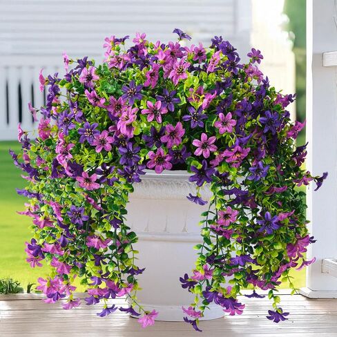 Artificial Hanging Flowers Plants for Outdoor Spring Decoration, 2 PCS Fake Silk Daisy Flower Planter UV Resistant Look Real for Outside Patio Porch Home Summer Decor (Double Purple) in Kuwait