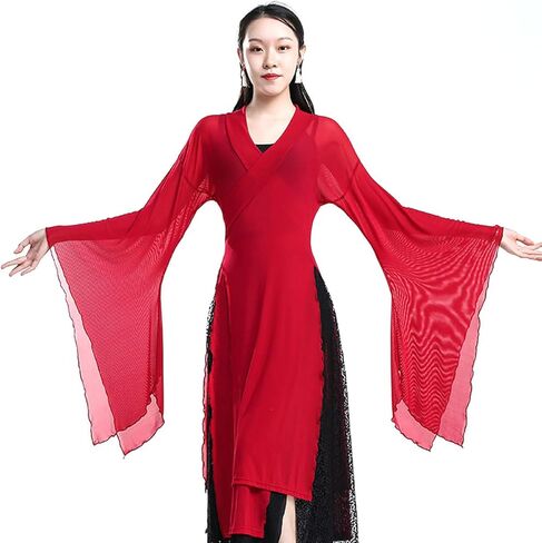 Women's Chinese Dance Tops Sheer Wide Sleeve Wrap Front Side Split Hanfu Top in Kuwait
