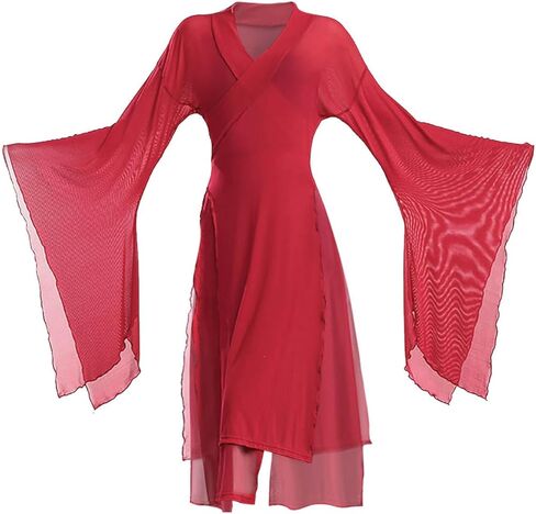 Women's Chinese Dance Tops Sheer Wide Sleeve Wrap Front Side Split Hanfu Top in Kuwait