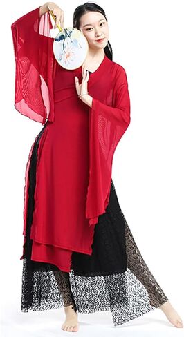 Women's Chinese Dance Tops Sheer Wide Sleeve Wrap Front Side Split Hanfu Top in Kuwait