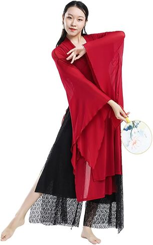 Women's Chinese Dance Tops Sheer Wide Sleeve Wrap Front Side Split Hanfu Top in Kuwait