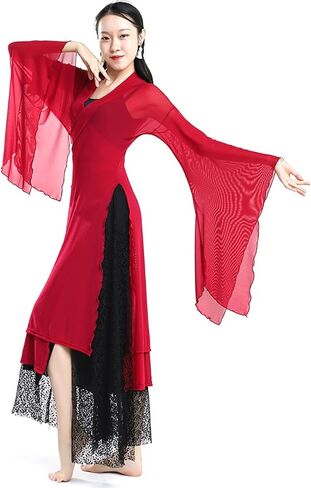 Women's Chinese Dance Tops Sheer Wide Sleeve Wrap Front Side Split Hanfu Top in Kuwait
