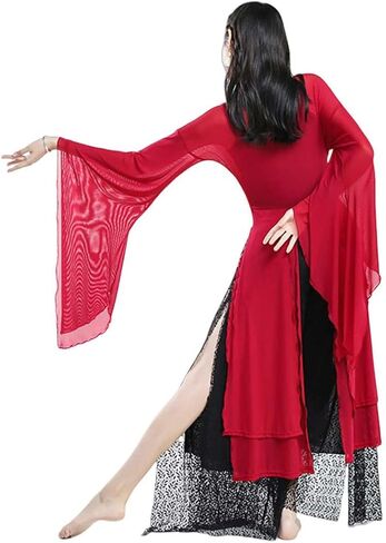 Women's Chinese Dance Tops Sheer Wide Sleeve Wrap Front Side Split Hanfu Top in Kuwait