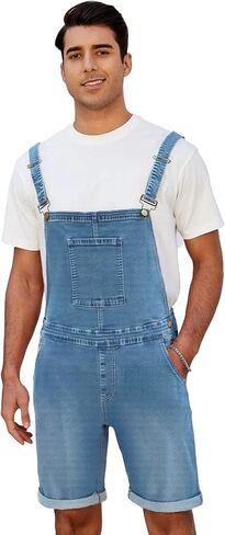 LONGBIDA Mens Denim Shorts Bib Overalls Jeans Casual Walkshort Summer Jumpsuit with Pockets in Saudi Arabia