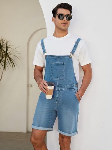 LONGBIDA Mens Denim Shorts Bib Overalls Jeans Casual Walkshort Summer Jumpsuit with Pockets in Saudi Arabia